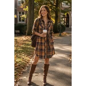 Tommy Hilfiger Plaid Shirt Dress Womens Medium Yellow Red Button Down Belted